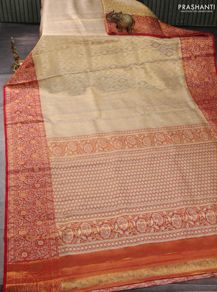 Pure kanchipuram tissue silk saree sandal and red with allover zari woven brocade weaves and floral zari woven border