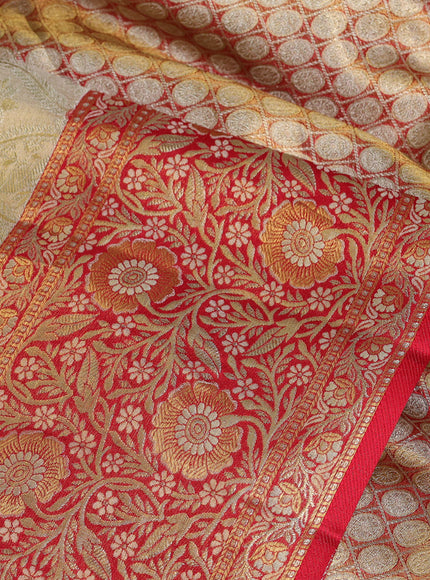 Pure kanchipuram tissue silk saree sandal and red with allover zari woven brocade weaves and floral zari woven border
