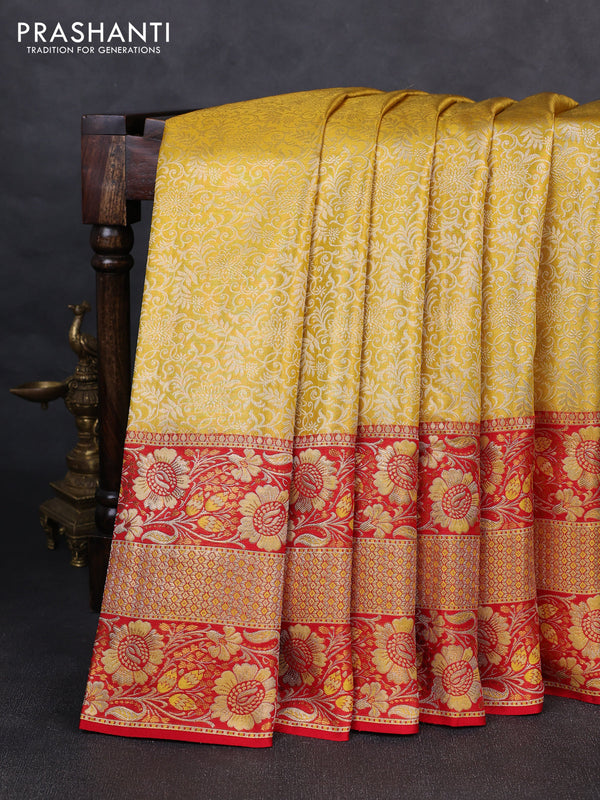 Pure kanchipuram tissue silk saree yellow and red with allover zari woven brocade weaves and long floral zari woven border