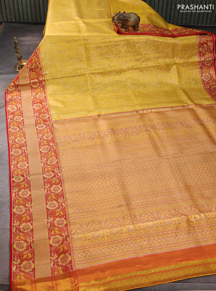 Pure kanchipuram tissue silk saree yellow and red with allover zari woven brocade weaves and long floral zari woven border