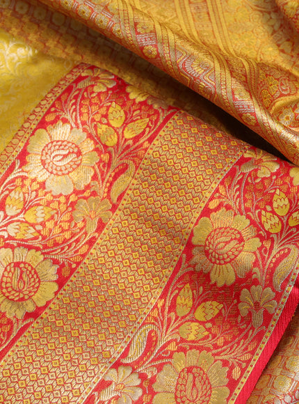 Pure kanchipuram tissue silk saree yellow and red with allover zari woven brocade weaves and long floral zari woven border