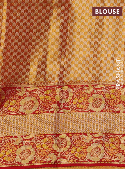 Pure kanchipuram tissue silk saree yellow and red with allover zari woven brocade weaves and long floral zari woven border