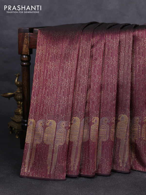 Pure kanchipuram silk saree wine shade with allover zari woven brocade weaves and parrot design zari woven border