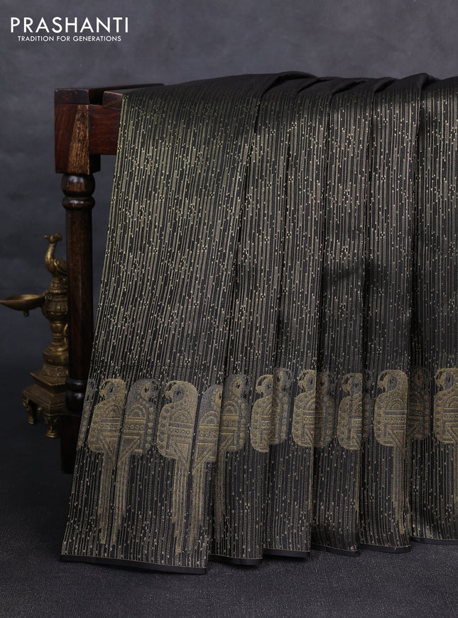 Pure kanchipuram silk saree black with allover zari woven brocade weaves and parrot design zari woven border