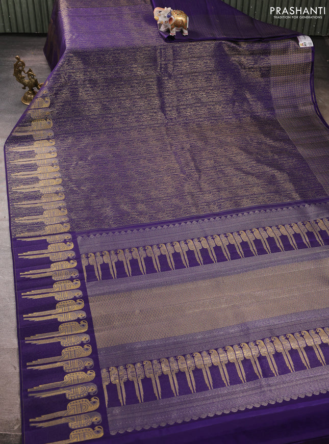 Pure kanchipuram silk saree blue with allover zari woven brocade weaves and parrot design zari woven border