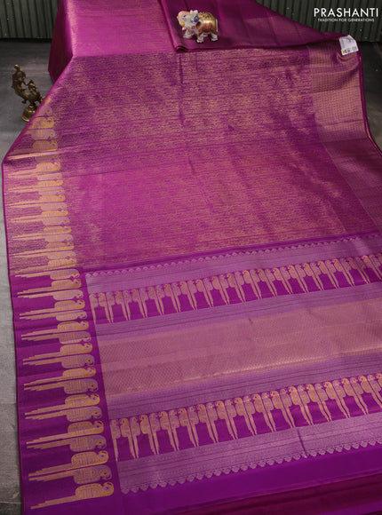 Pure kanchipuram silk saree purple with allover zari woven brocade weaves and parrot design zari woven border