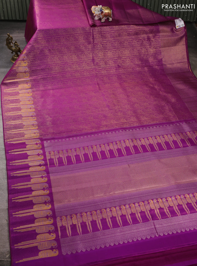 Pure kanchipuram silk saree purple with allover zari woven brocade weaves and parrot design zari woven border