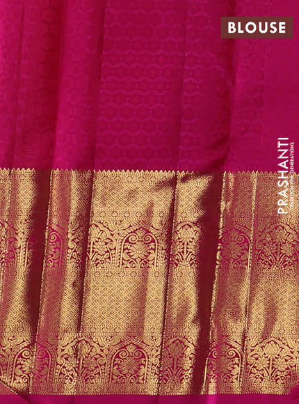 Pure kanchipuram silk saree mango yellow and pink with allover zari woven brocade weaves and long zari woven border