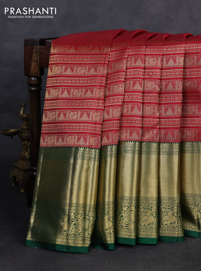 Pure kanchipuram silk saree maroon and green with allover zari woven brocade weaves and long zari woven border