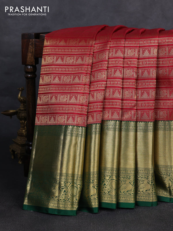 Pure kanchipuram silk saree maroon and green with allover zari woven brocade weaves and long zari woven border