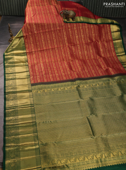 Pure kanchipuram silk saree maroon and green with allover zari woven brocade weaves and long zari woven border