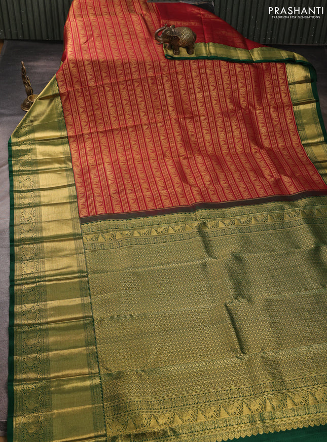 Pure kanchipuram silk saree maroon and green with allover zari woven brocade weaves and long zari woven border