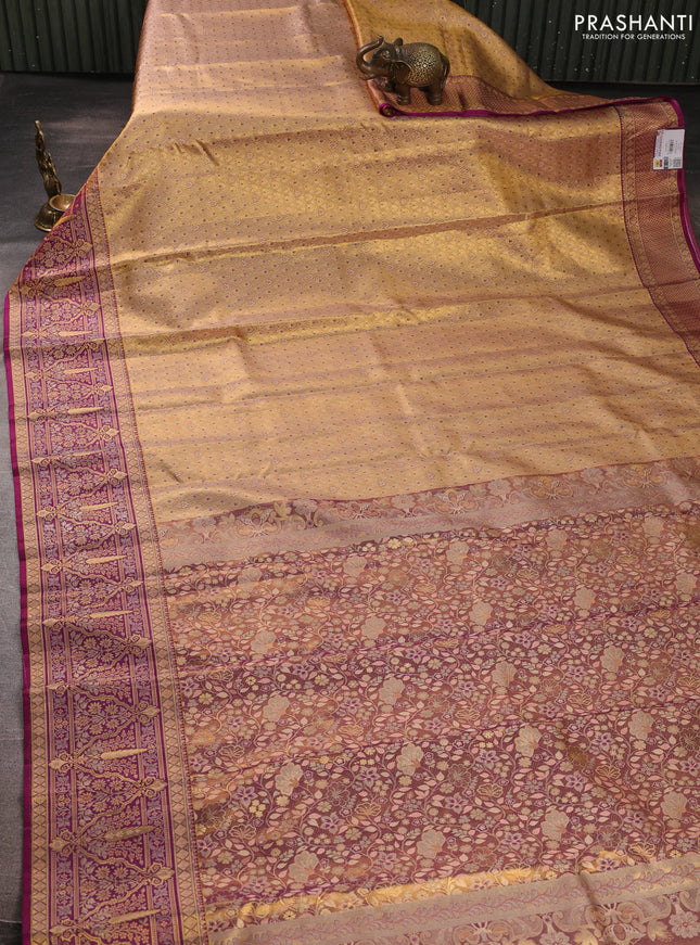 Pure kanchipuram tissue silk saree pastel peach and purple with allover zari woven brocade weaves and rich zari woven minakari border