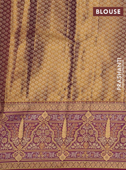Pure kanchipuram tissue silk saree pastel peach and purple with allover zari woven brocade weaves and rich zari woven minakari border