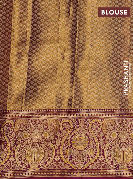 Pure kanchipuram silk saree yellow and purple with allover zari woven brocade weaves and rich zari woven minakari border