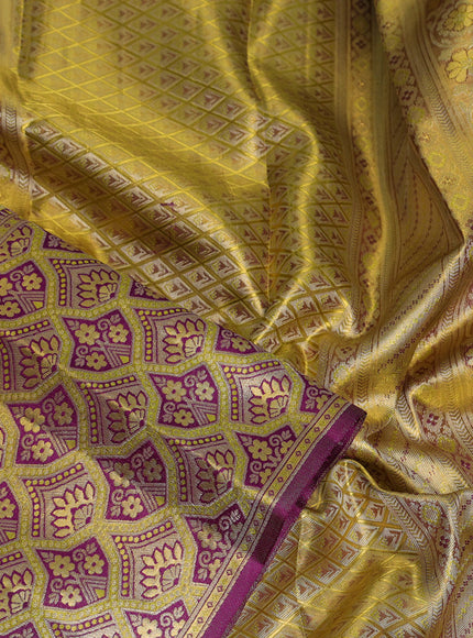 Pure kanchipuram tissue silk saree lime yellow and purple with allover zari woven brocade weaves and long zari woven minakari border