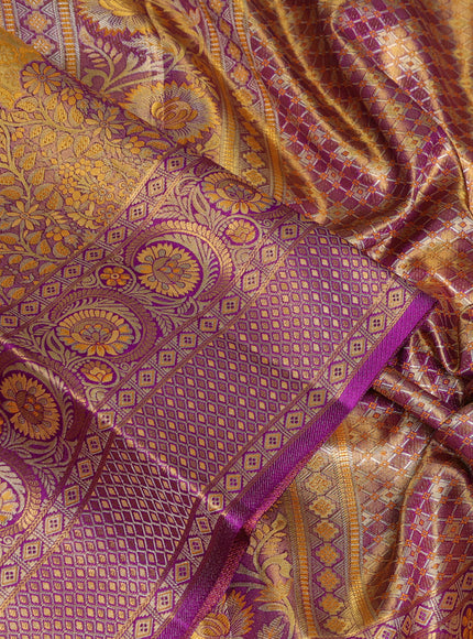 Pure kanchipuram tissue silk saree yellow and purple with allover zari woven brocade weaves and long zari woven minakari border