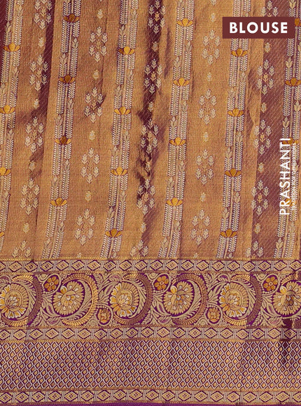 Pure kanchipuram tissue silk saree yellow and purple with allover zari woven brocade weaves and long zari woven minakari border