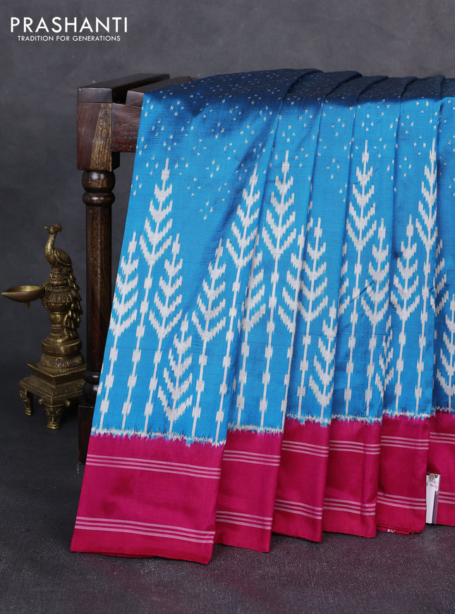 Pochampally silk saree cs blue and pink with allover ikat weaves and rettapet border