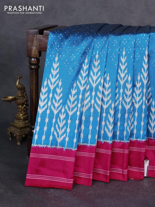 Pochampally silk saree cs blue and pink with allover ikat weaves and rettapet border