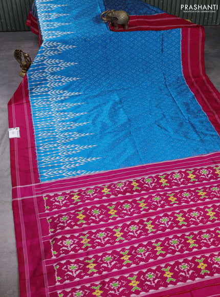 Pochampally silk saree cs blue and pink with allover ikat weaves and rettapet border