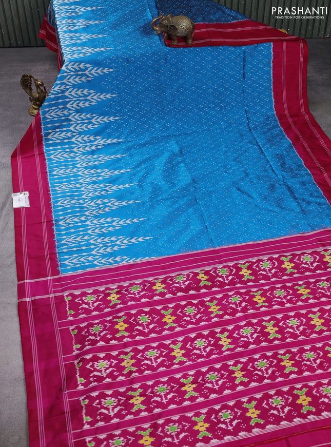 Pochampally silk saree cs blue and pink with allover ikat weaves and rettapet border