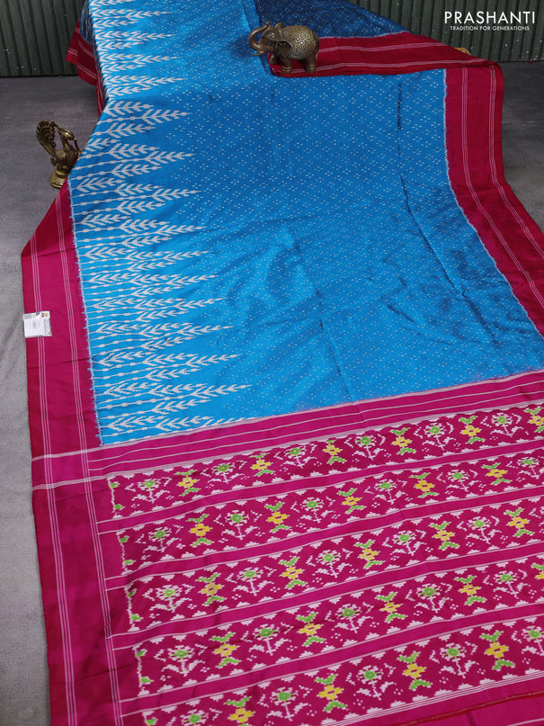 Pochampally silk saree cs blue and pink with allover ikat weaves and rettapet border