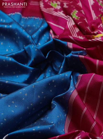 Pochampally silk saree cs blue and pink with allover ikat weaves and rettapet border