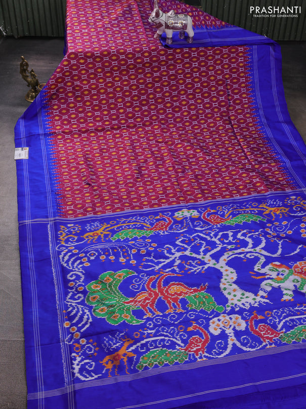 Pochampally silk saree purple and royal blue with allover ikat weaves and rettapet border