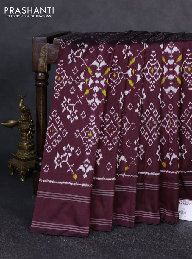 Pochampally silk saree dark coffee brown with allover ikat weaves and rettapet border