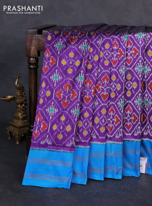 Pochampally silk saree purple and cs blue with allover ikat weaves and rettapet border
