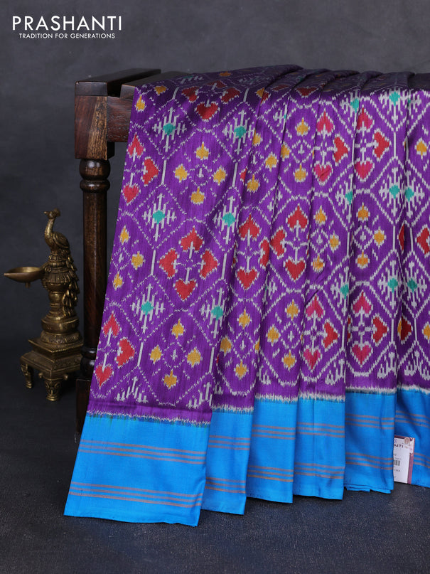 Pochampally silk saree purple and cs blue with allover ikat weaves and rettapet border