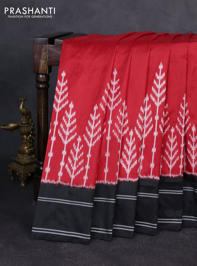 Pochampally silk saree red and black with plain body and long ikat woven border