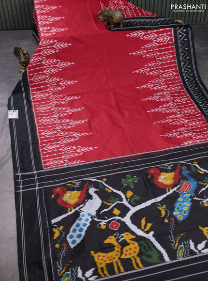 Pochampally silk saree red and black with plain body and long ikat woven border