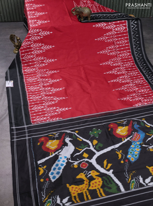 Pochampally silk saree red and black with plain body and long ikat woven border