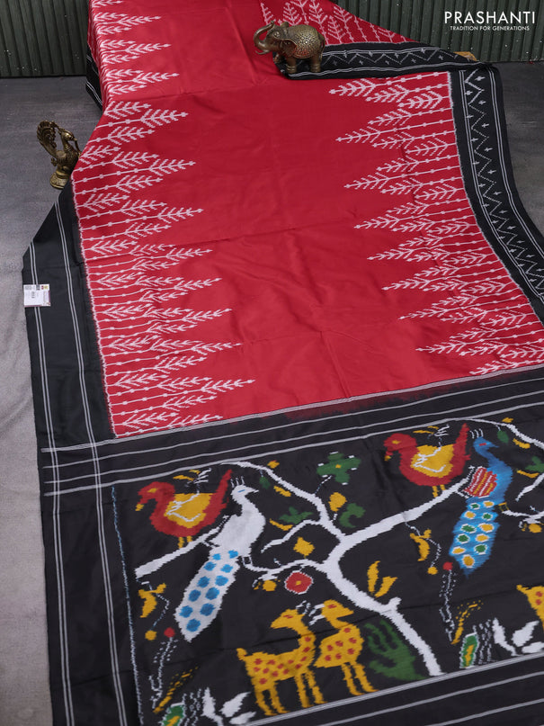 Pochampally silk saree red and black with plain body and long ikat woven border