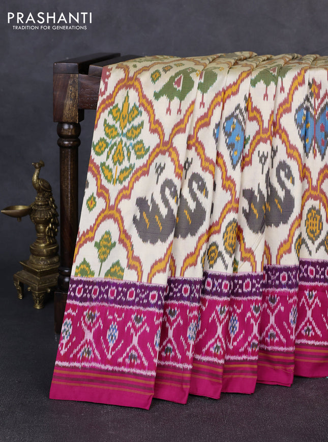 Pochampally silk saree cream and pink with allover ikat weaves and ikat woven border