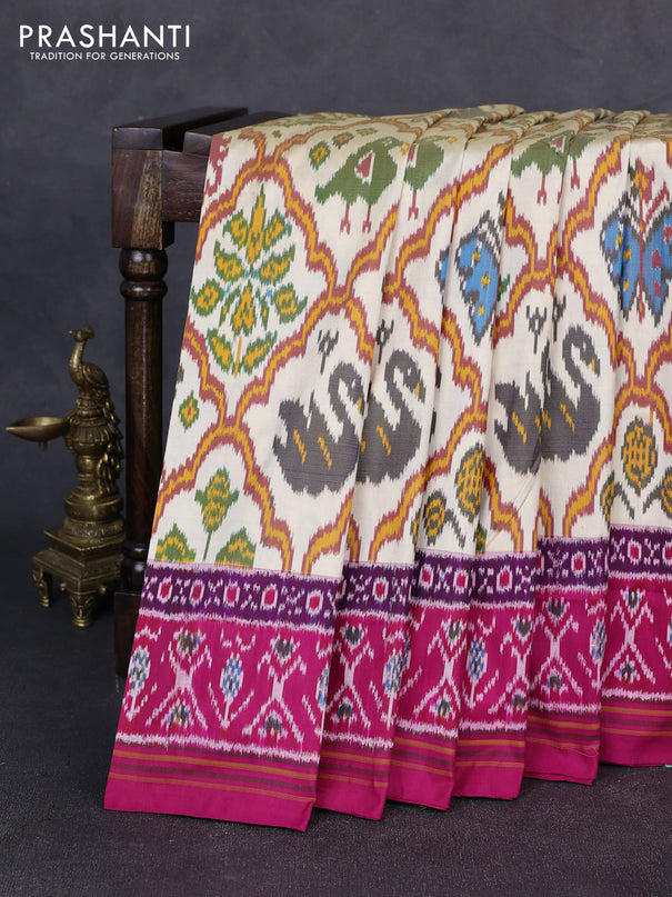 Pochampally silk saree cream and pink with allover ikat weaves and ikat woven border