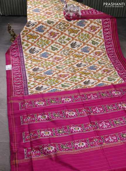 Pochampally silk saree cream and pink with allover ikat weaves and ikat woven border