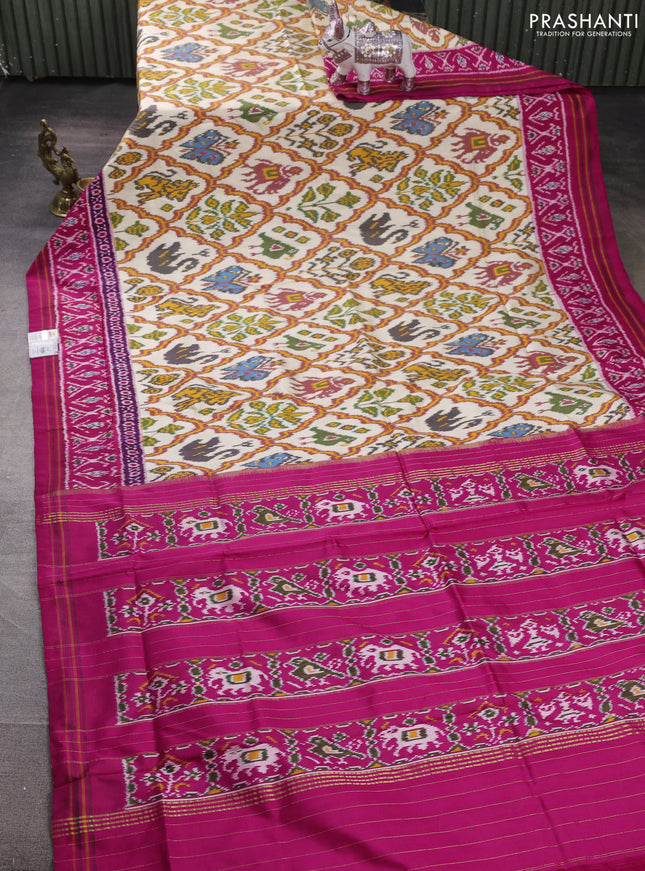 Pochampally silk saree cream and pink with allover ikat weaves and ikat woven border