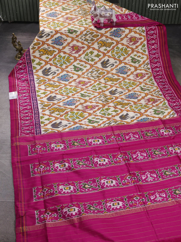 Pochampally silk saree cream and pink with allover ikat weaves and ikat woven border
