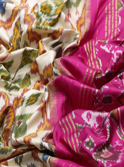 Pochampally silk saree cream and pink with allover ikat weaves and ikat woven border
