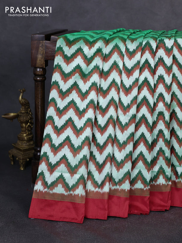 Pochampally silk saree green shade and red with allover ikat weaves and simple border