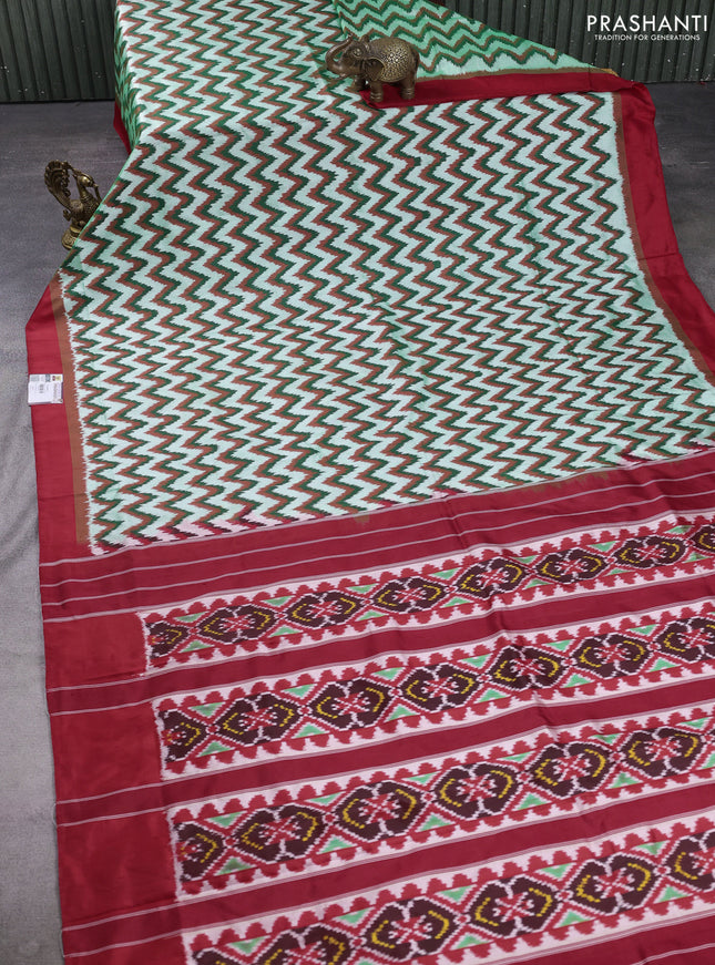 Pochampally silk saree green shade and red with allover ikat weaves and simple border