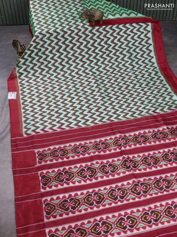 Pochampally silk saree green shade and red with allover ikat weaves and simple border