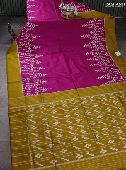 Pochampally silk saree pink and mustard yellow with plain body and long ikat woven border