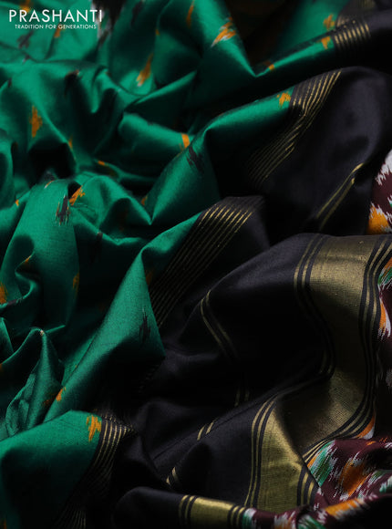 Pochampally silk saree green and black with allover ikat woven buttas and ikat woven simple border