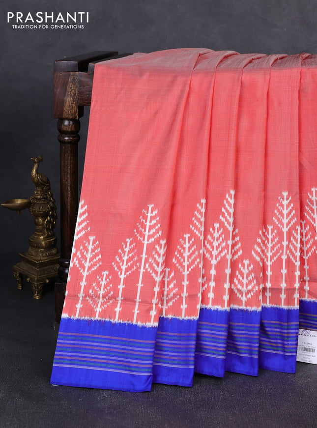 Pochampally silk saree red shade and royal blue with plain body and long ikat woven border