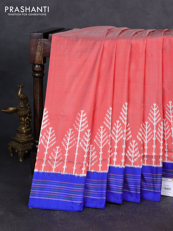 Pochampally silk saree red shade and royal blue with plain body and long ikat woven border