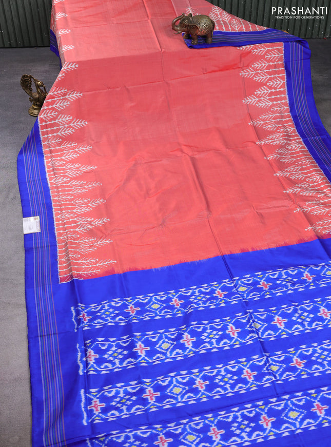 Pochampally silk saree red shade and royal blue with plain body and long ikat woven border